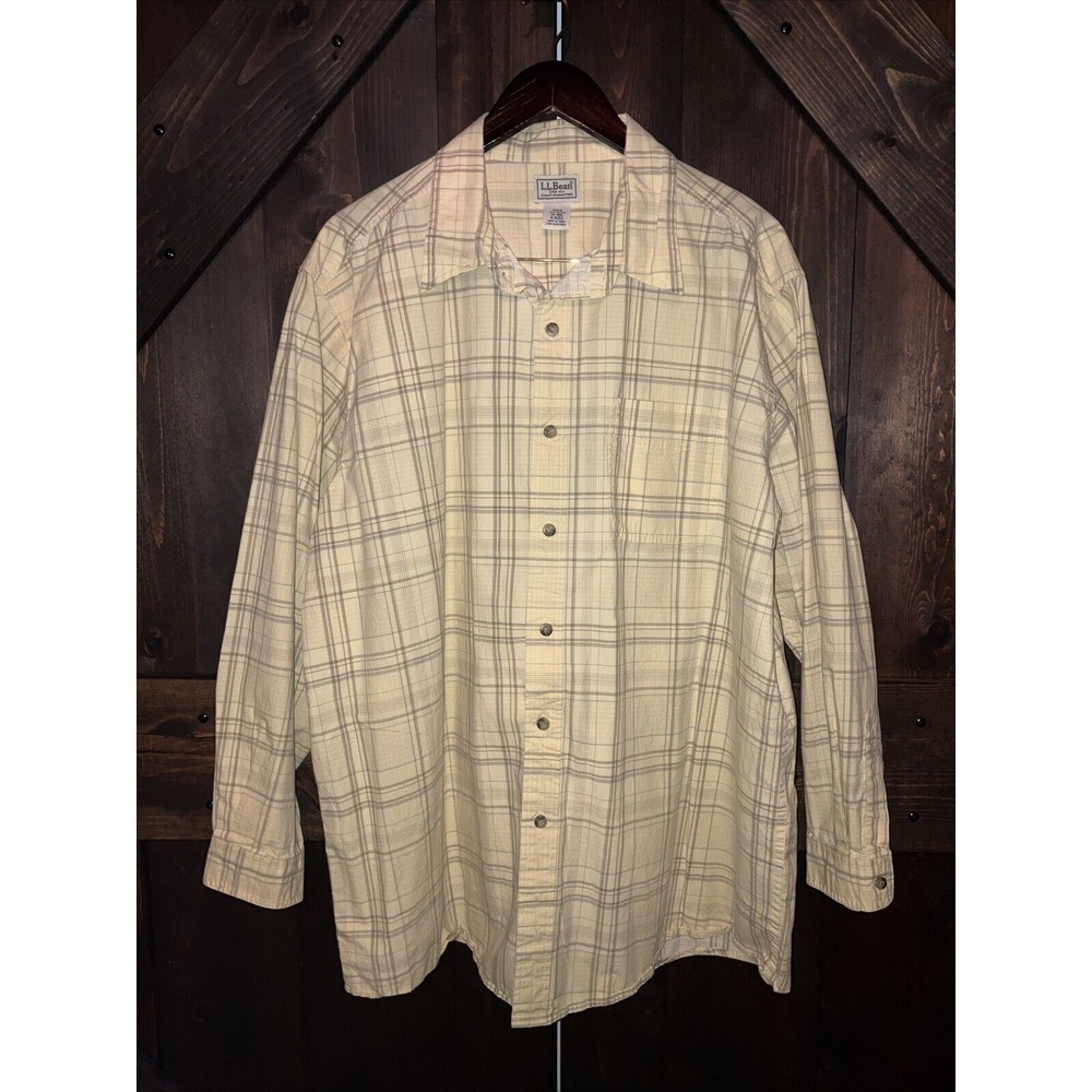 LL Bean Button Down Flannel Shirt Men's XL Cotton Yellow Plaid